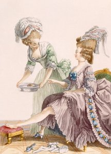 「Galeries des Modes et Costumes Francais」c.1778-87の版画、デュパンが刻印したメイドが彼女の足を洗ったエレガントな女性 作： Pierre Thomas Le Clerc